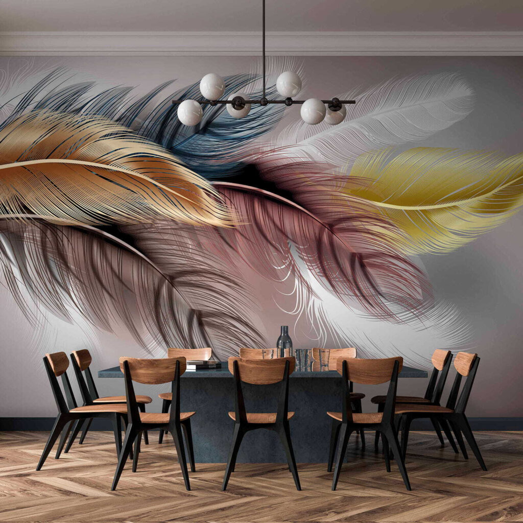 Gekleurde veren op zachtroze — interieur 5