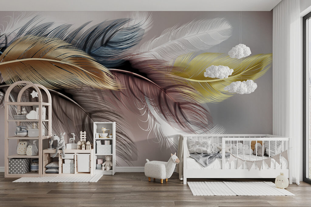 Gekleurde veren op zachtroze — interieur 7