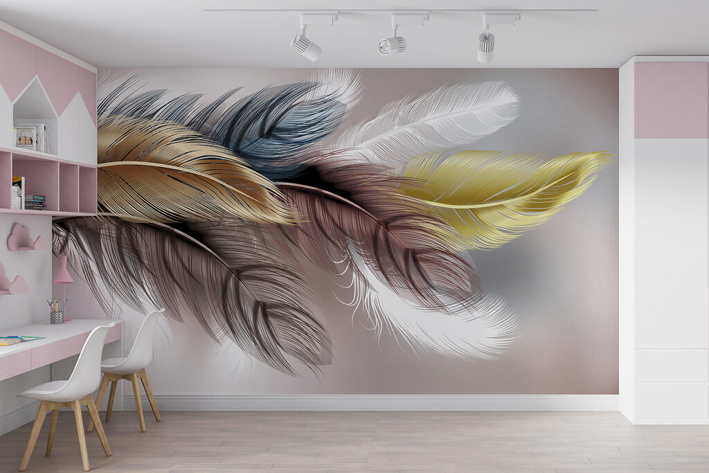 Gekleurde veren op zachtroze — interieur 8