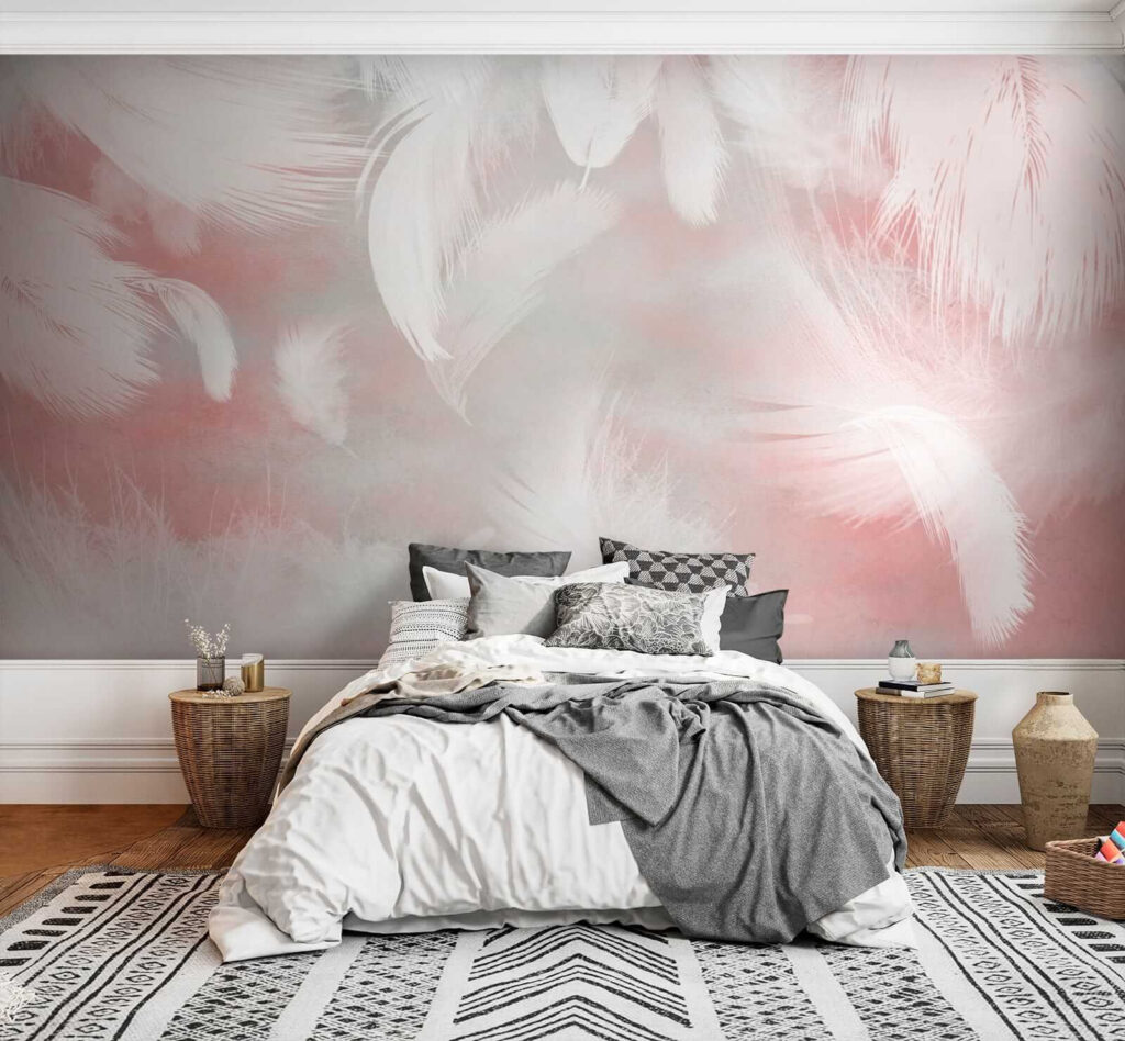 Witte veren op een roze achtergrond — interieur 2