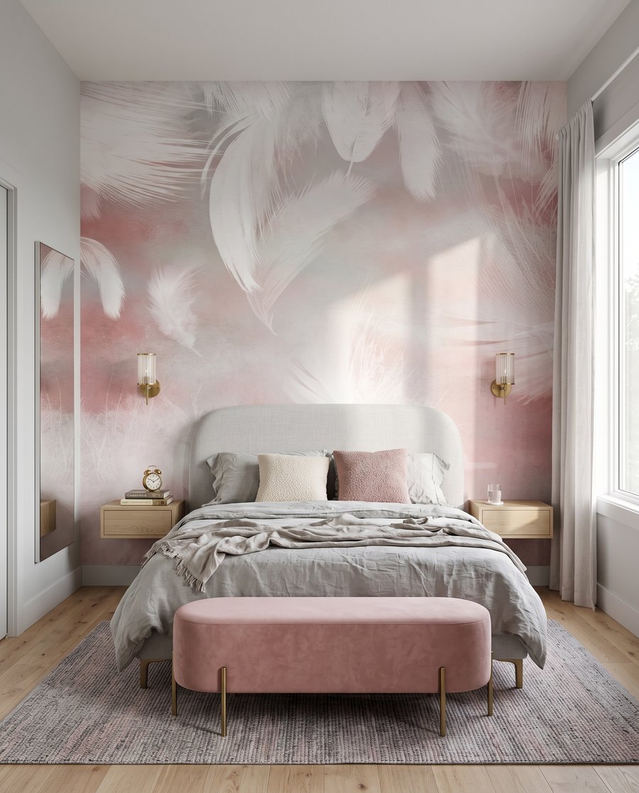 Roze veren dwarrelen neer — interieur 2