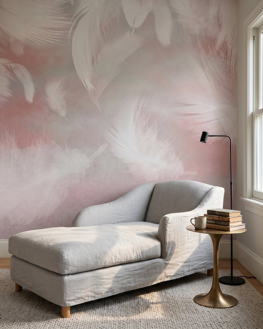 Roze veren dwarrelen neer — interieur 3