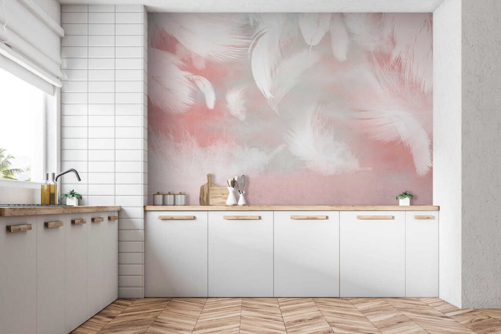Witte veren op een roze achtergrond — interieur 8