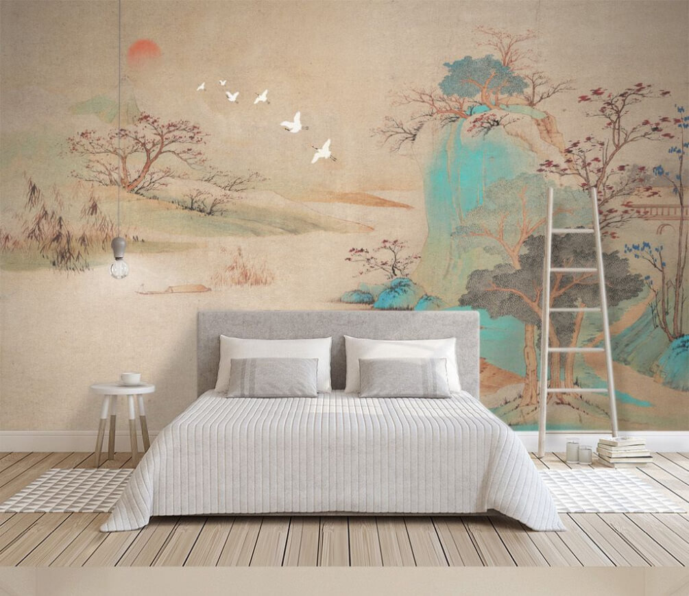 Schilderij van een landschap met bomen en vliegende vogels in een interieur