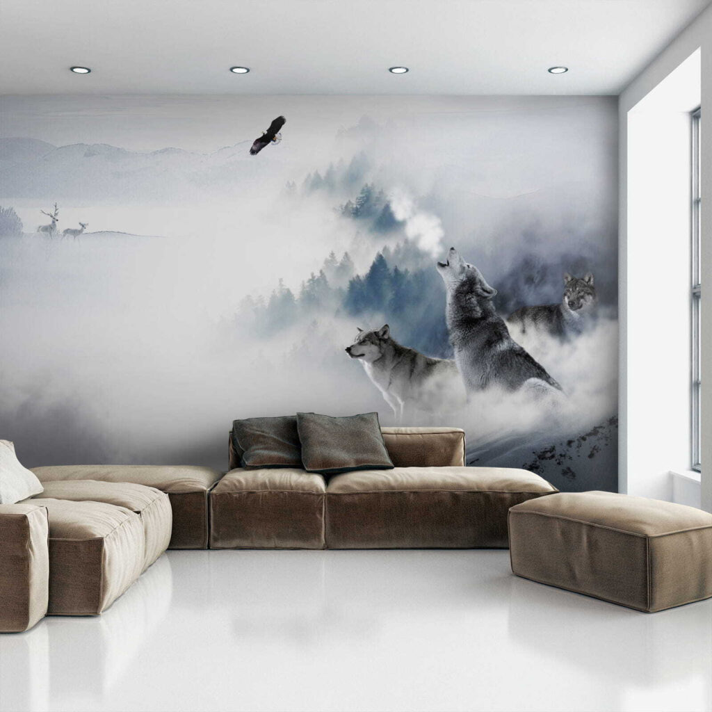 Huilende wolf in de sneeuw in een interieur