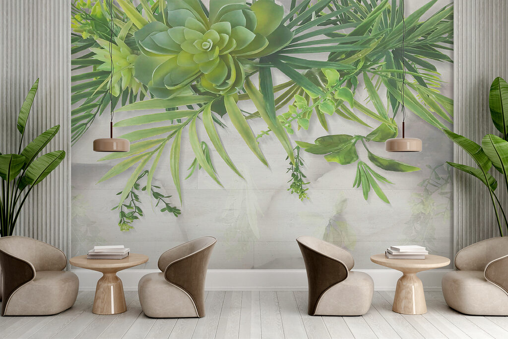 Vetplanten en bladeren hangen — interieur 11