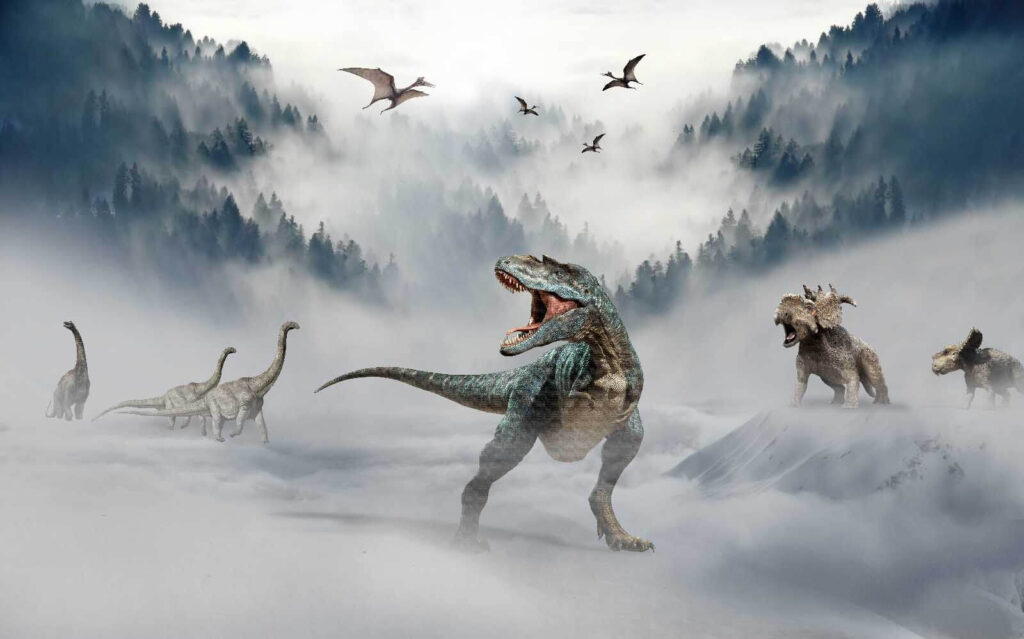 Dinosaurussen in bergmist — volledig ontwerp