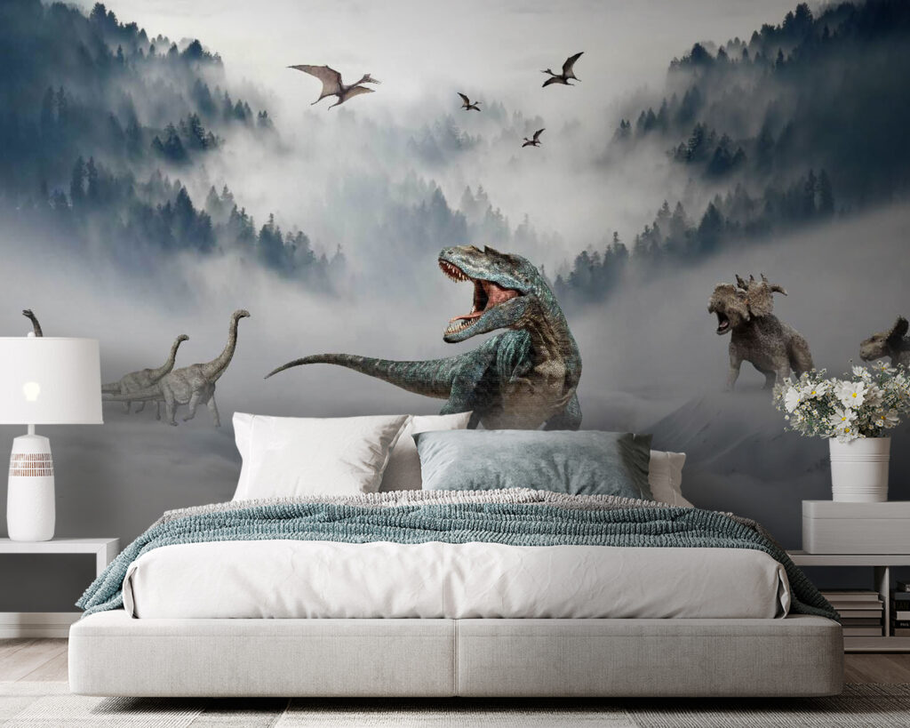 Groep dinosaurussen in de sneeuw in een interieur