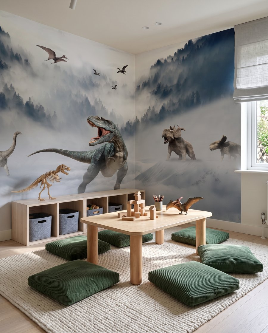 Dinosaurussen in bergmist in een interieur