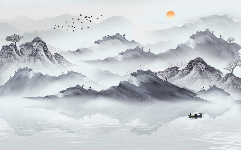 Bootje tussen grijze bergspiegels — volledig ontwerp