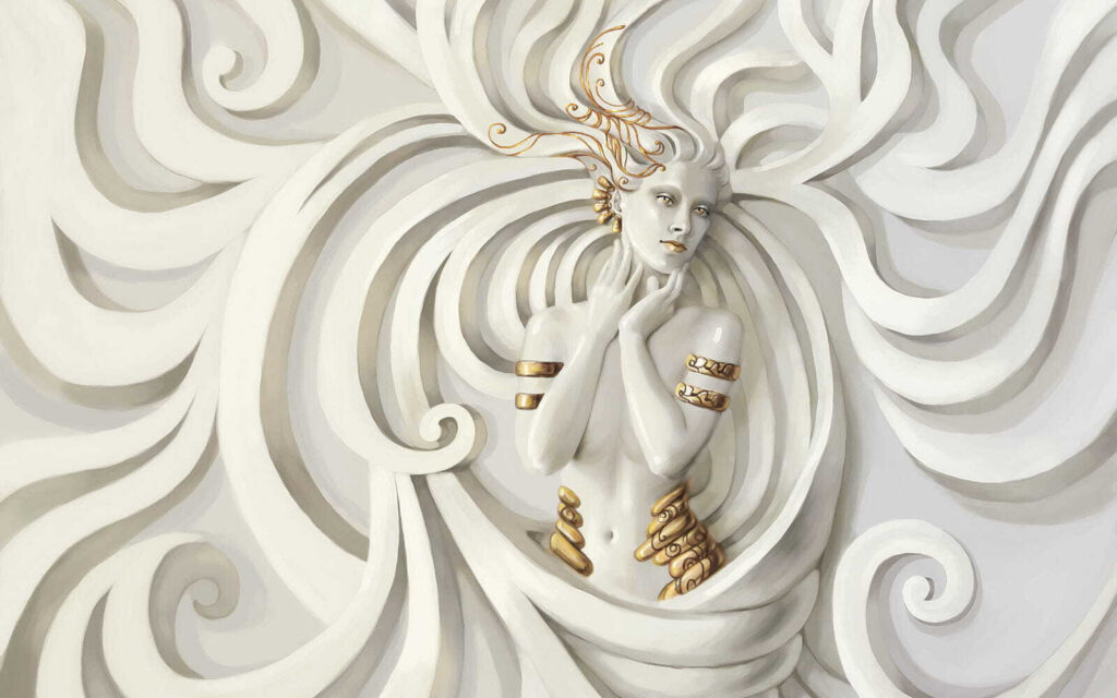 Vrouw tussen witte sierkrullen — volledig ontwerp