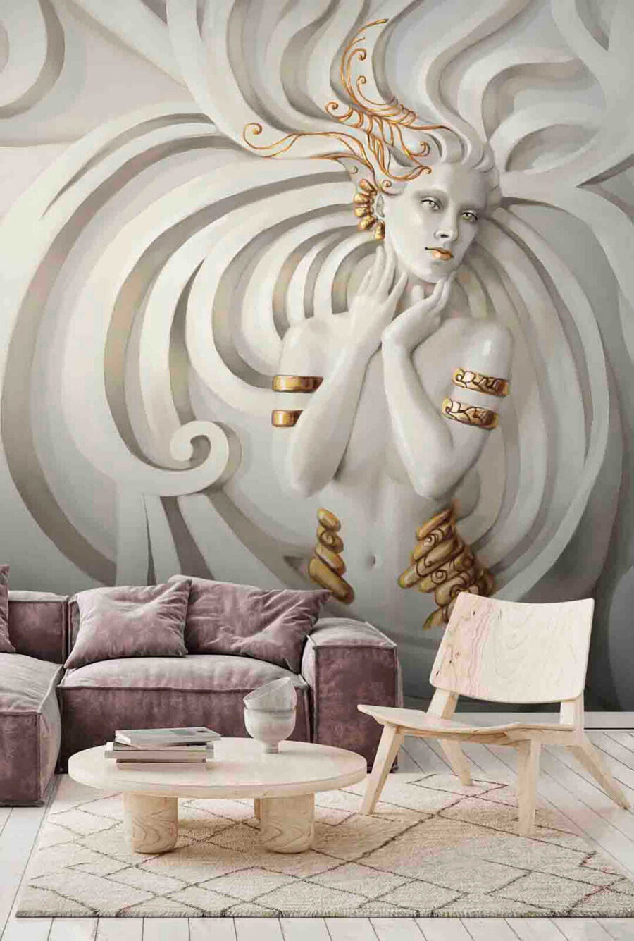 Vrouw tussen witte sierkrullen — interieur 1