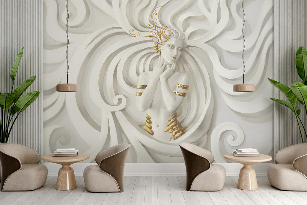 Vrouw tussen witte sierkrullen — interieur 3