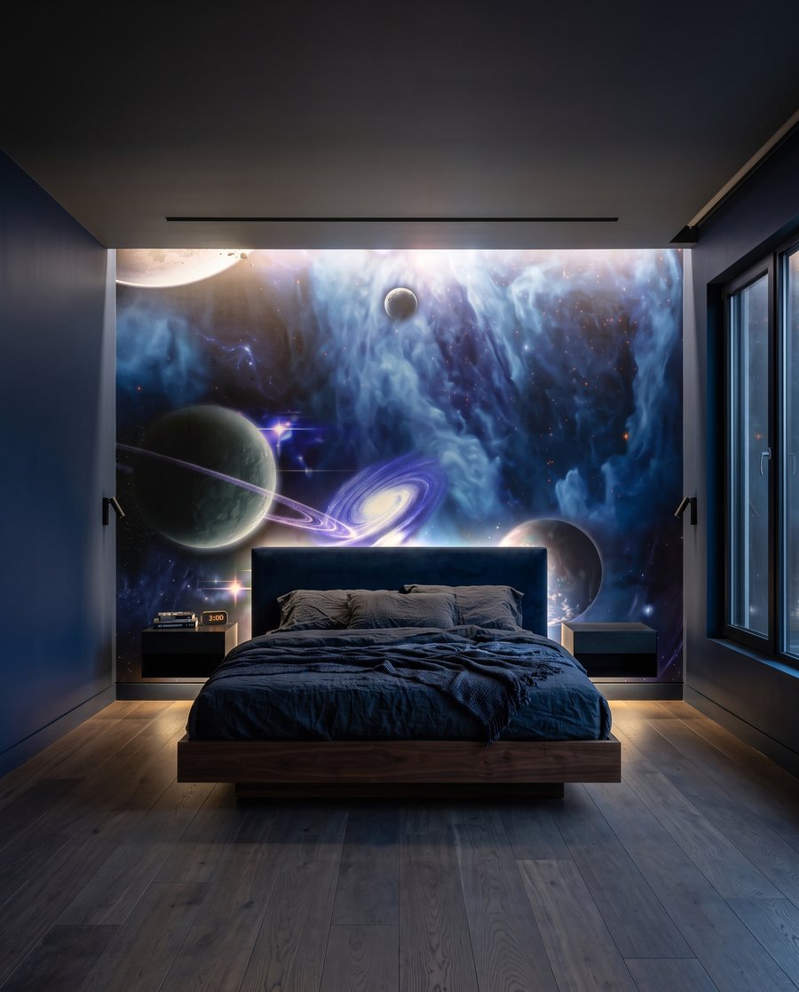 Een heelal in blauwviolet in een interieur