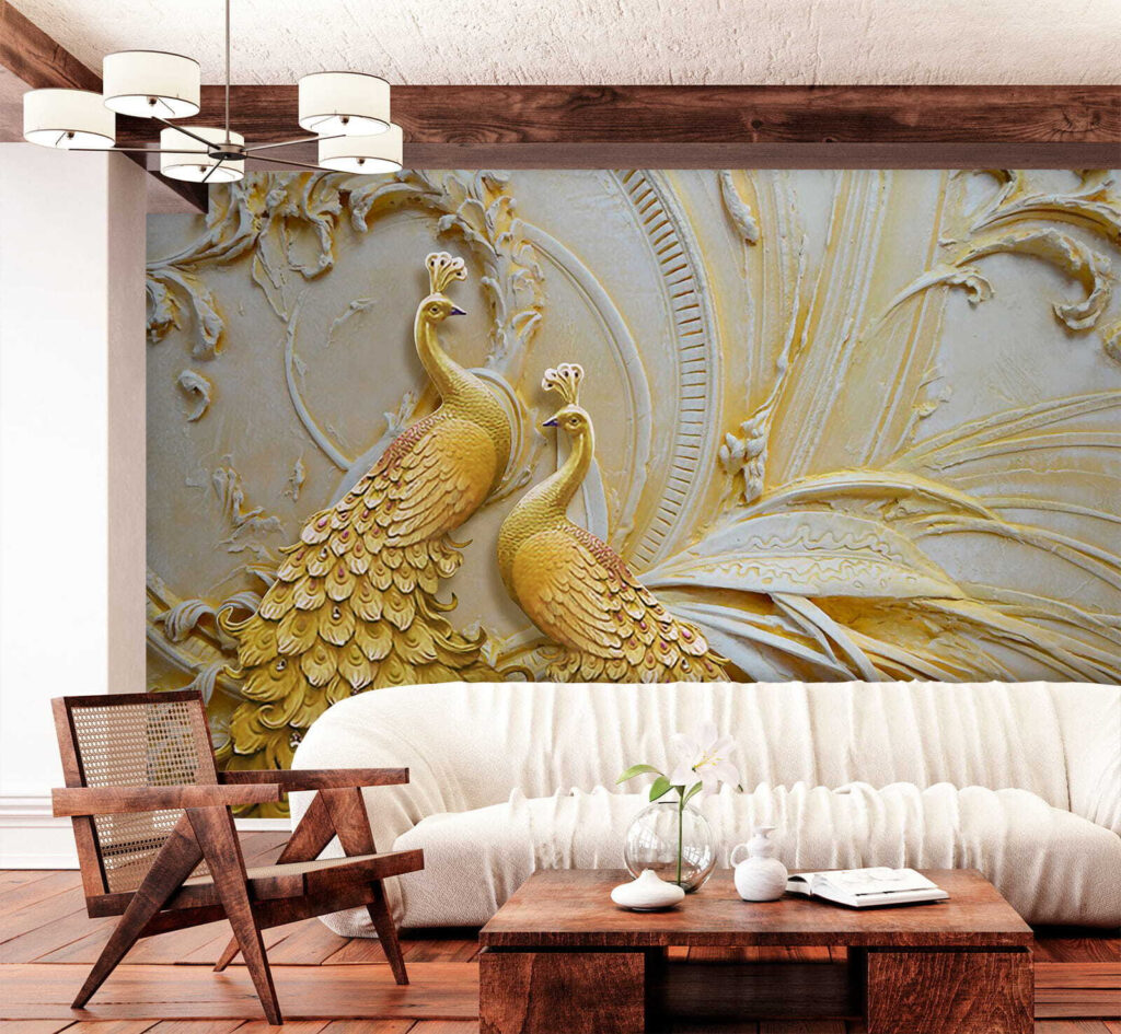 Goudkleurige pauwen in reliëf — interieur 6