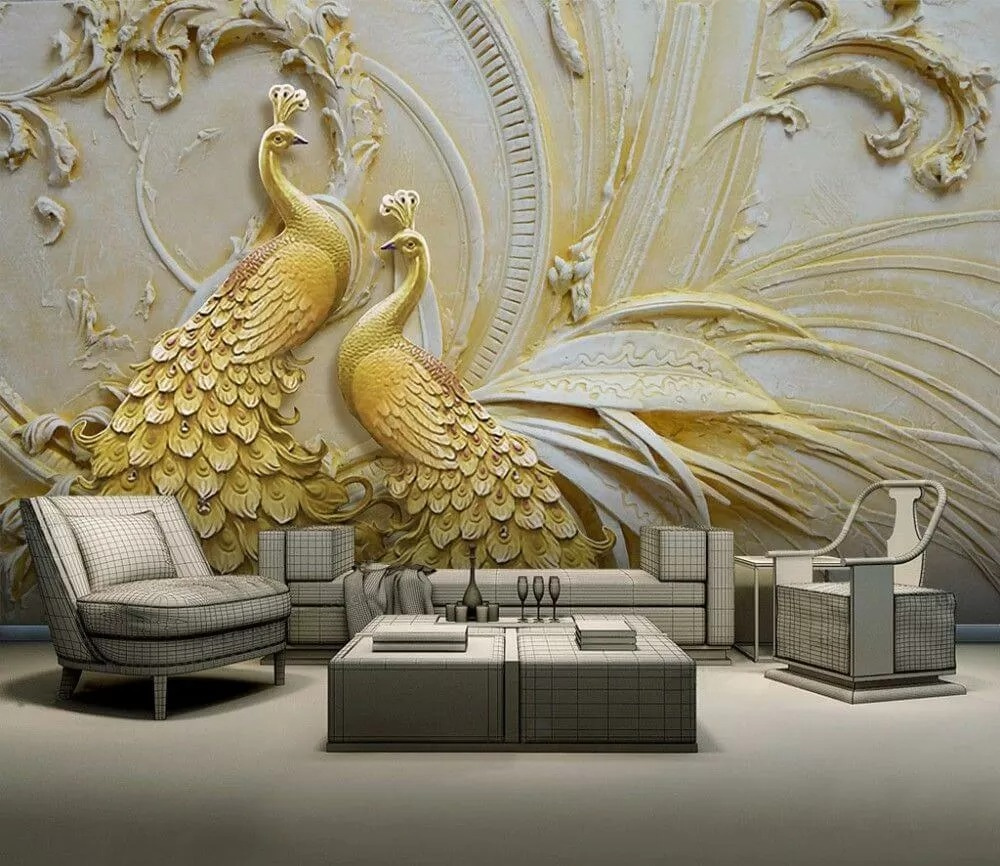 Goudkleurige pauwen in reliëf — interieur 1