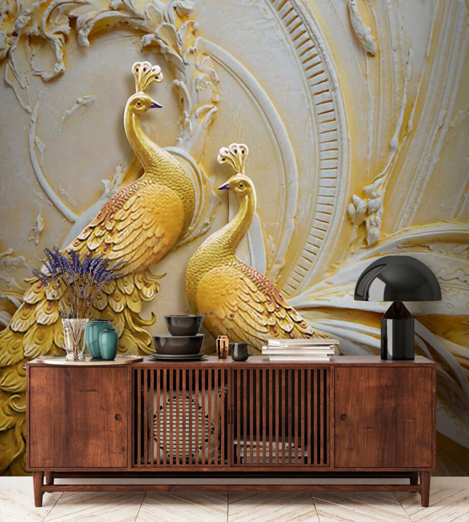 Goudkleurige pauwen in reliëf — interieur 8