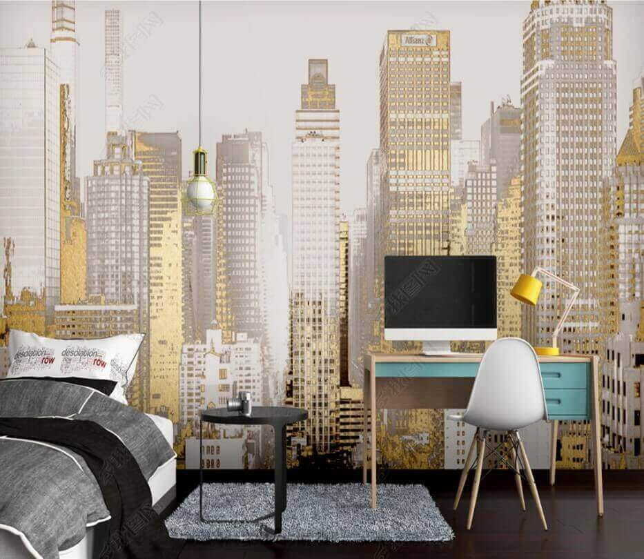 Een skyline van een stad met veel hoge gebouwen in een interieur