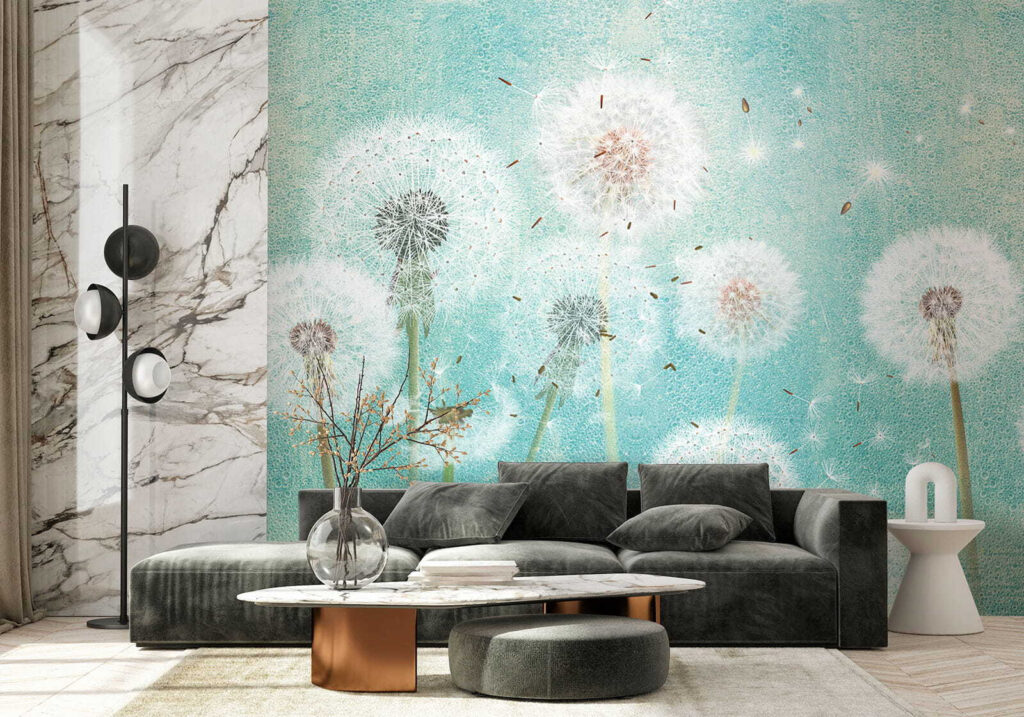 Groep paardenbloemen in de lucht in een interieur