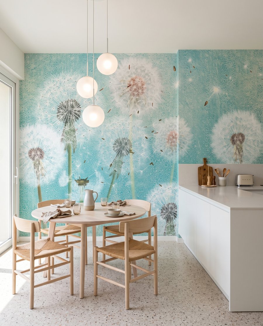 Pluisbollen tegen watergroen in een interieur