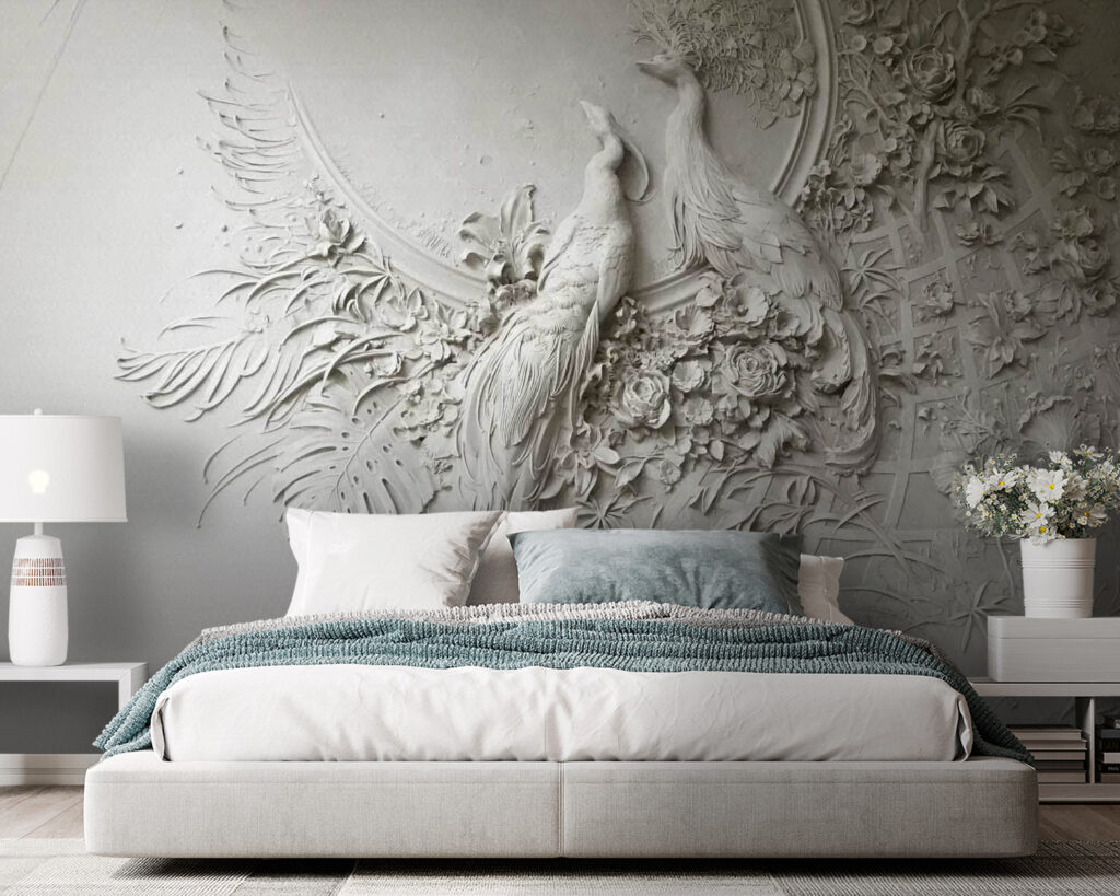 Pauwen in bleek bloemreliëf — interieur 1