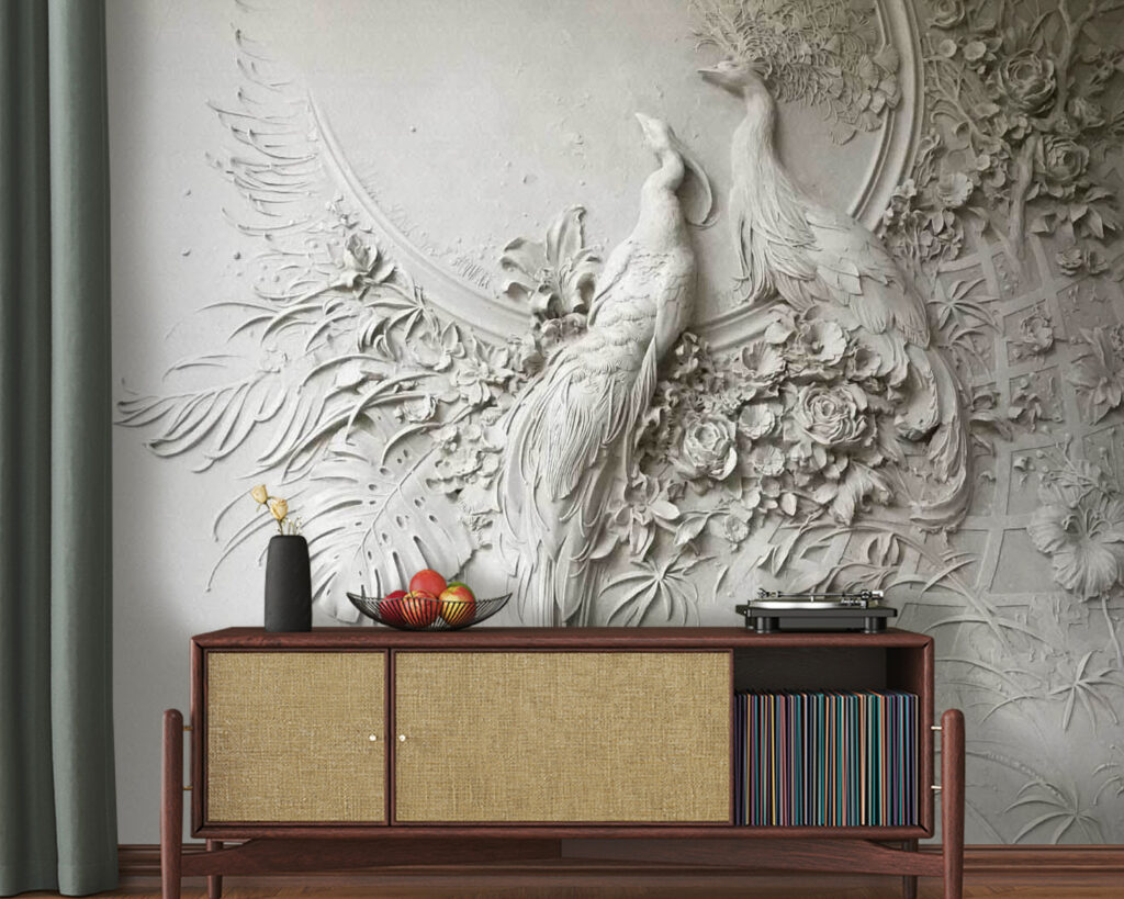 Pauwen in bleek bloemreliëf — interieur 2