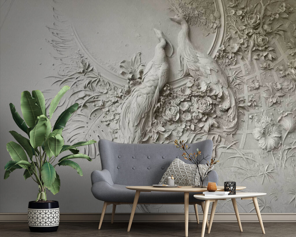 Pauwen in bleek bloemreliëf — interieur 3