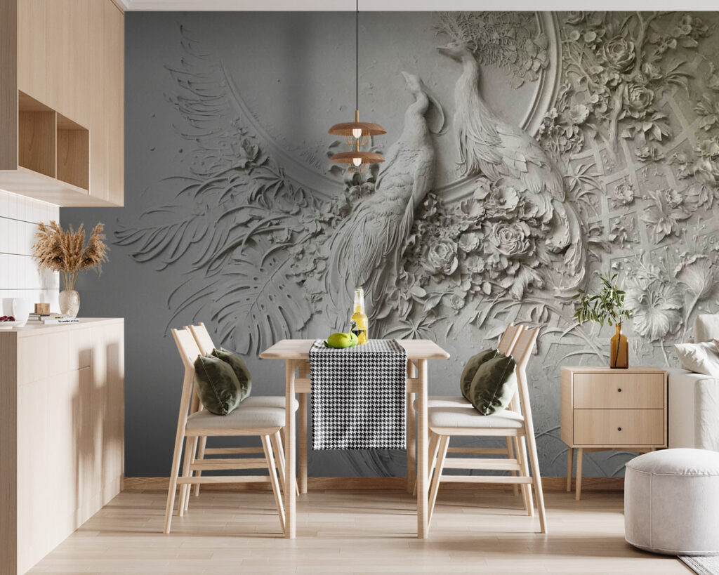 Pauwen in bleek bloemreliëf — interieur 4
