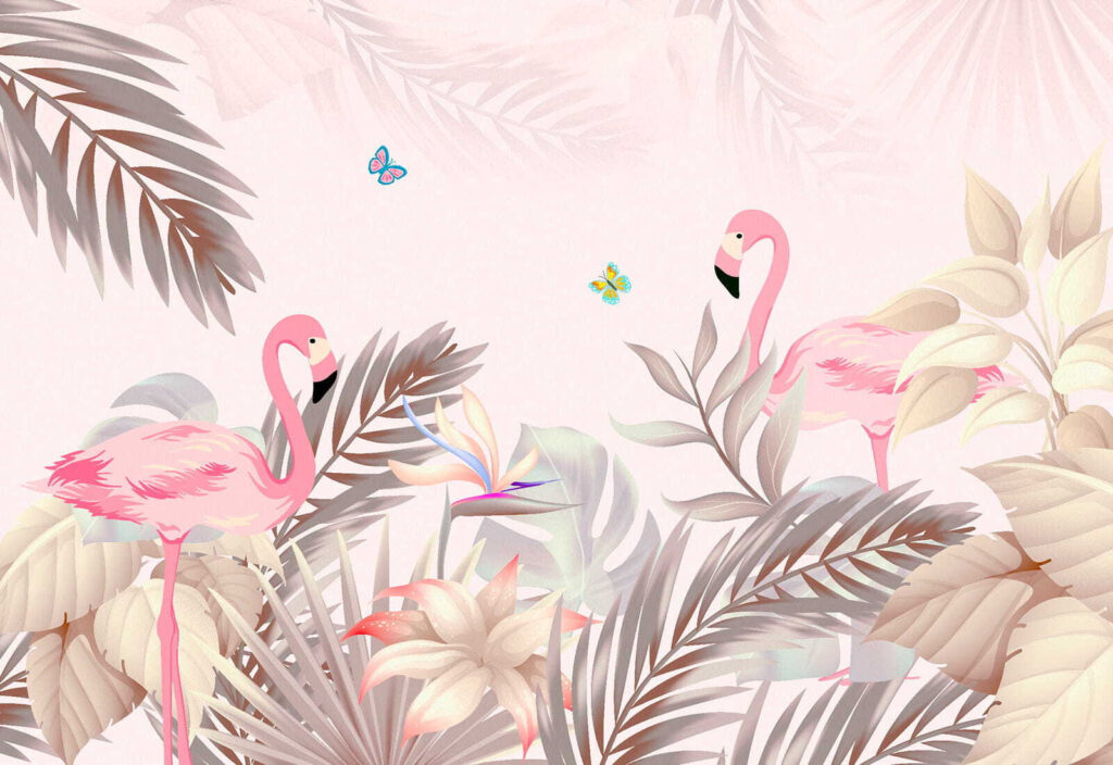 Flamingo's tussen zacht blad — volledig ontwerp