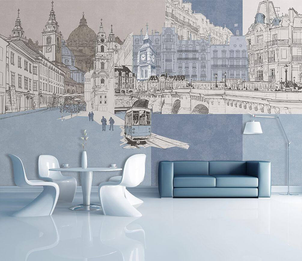 Tram tussen getekende stadsgevels — interieur 1