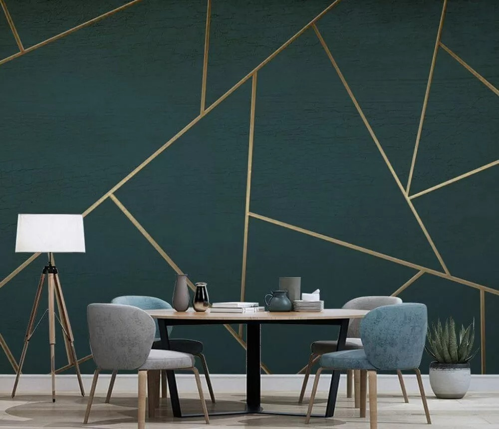 Abstracte groenblauwe lijnen die elkaar sierlijk kruisen in een interieur