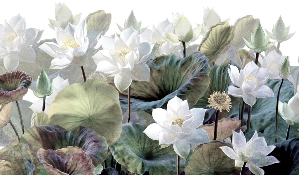 Groep witte bloemen en groene bladeren — volledig ontwerp