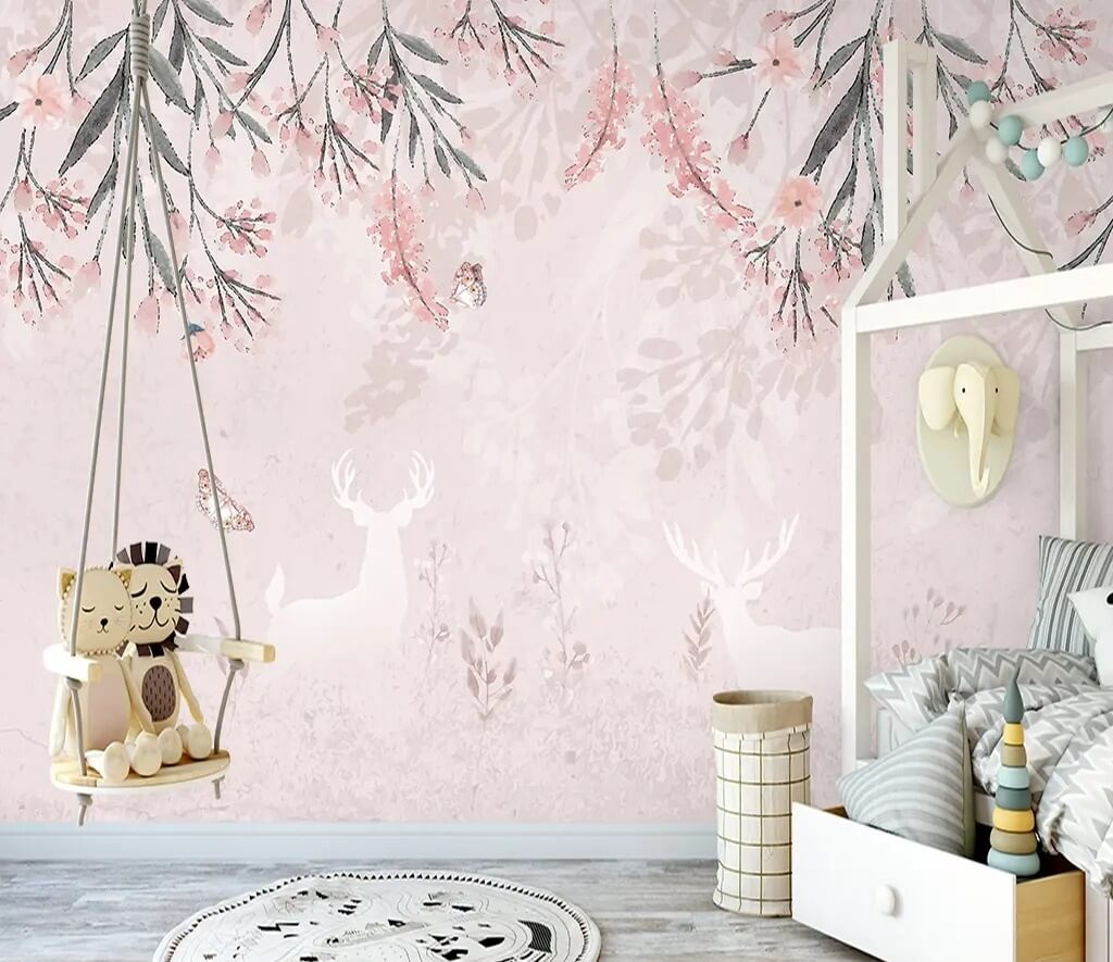Witte herten en vlinders en bloemen in een interieur