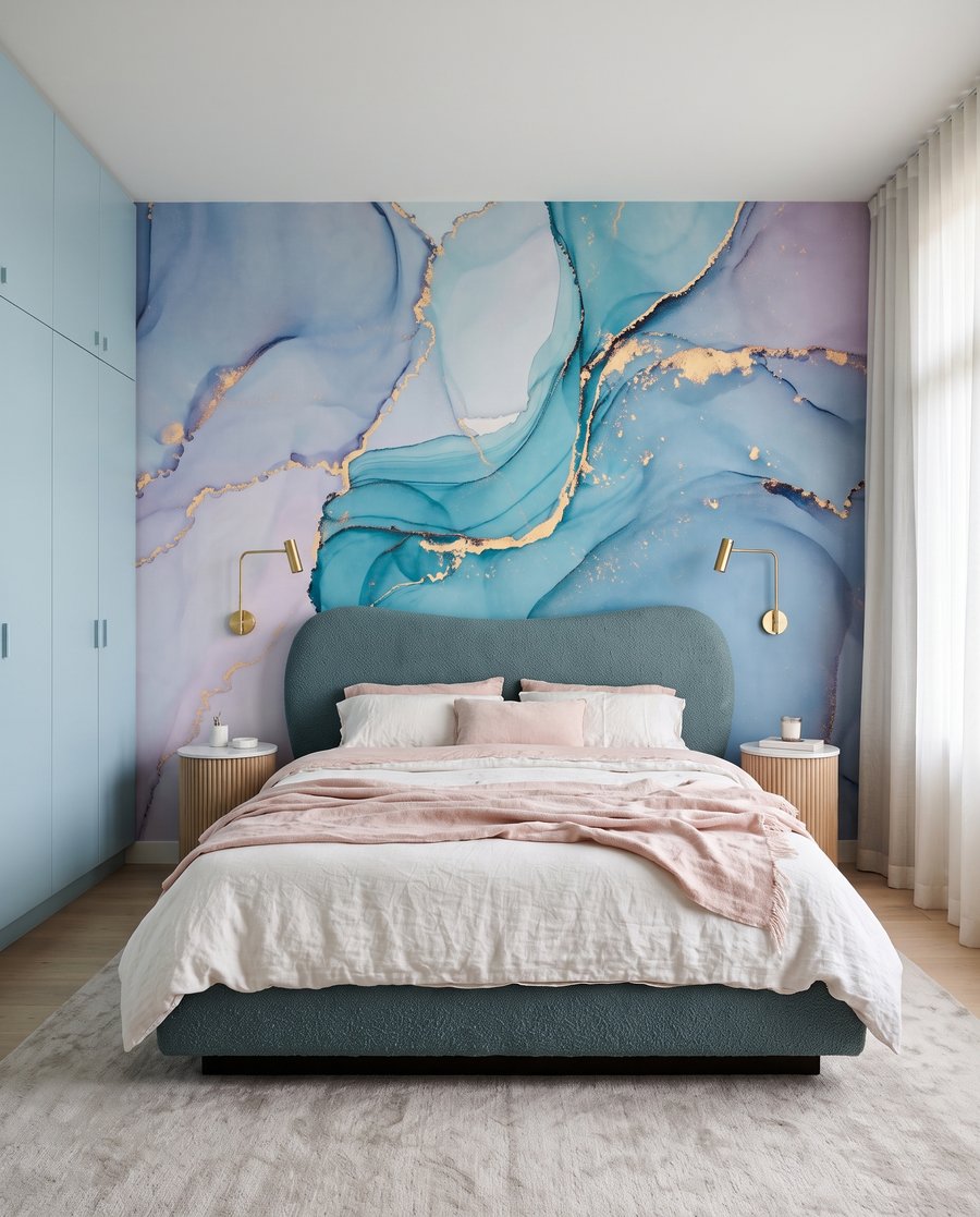 Zachtblauwe poelen met goud — interieur 2