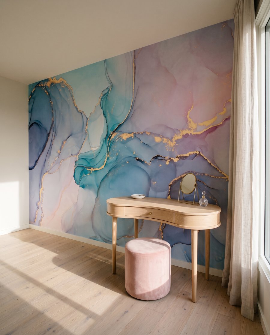 Zachtblauwe poelen met goud — interieur 3
