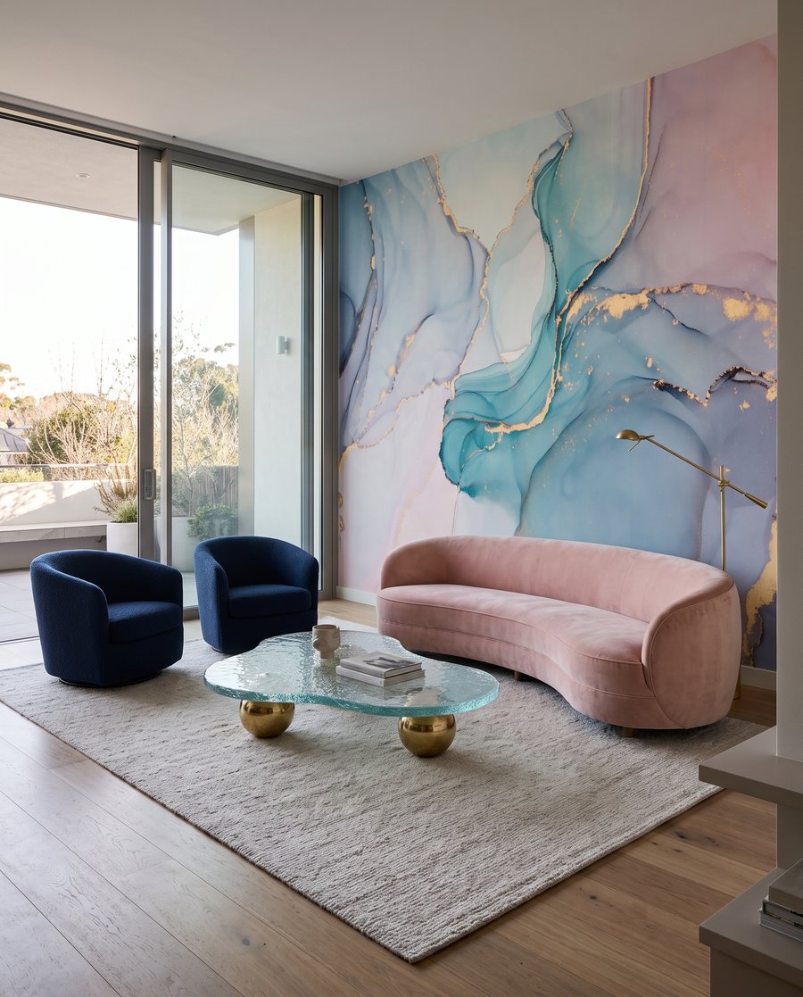 Zachtblauwe poelen met goud in een interieur