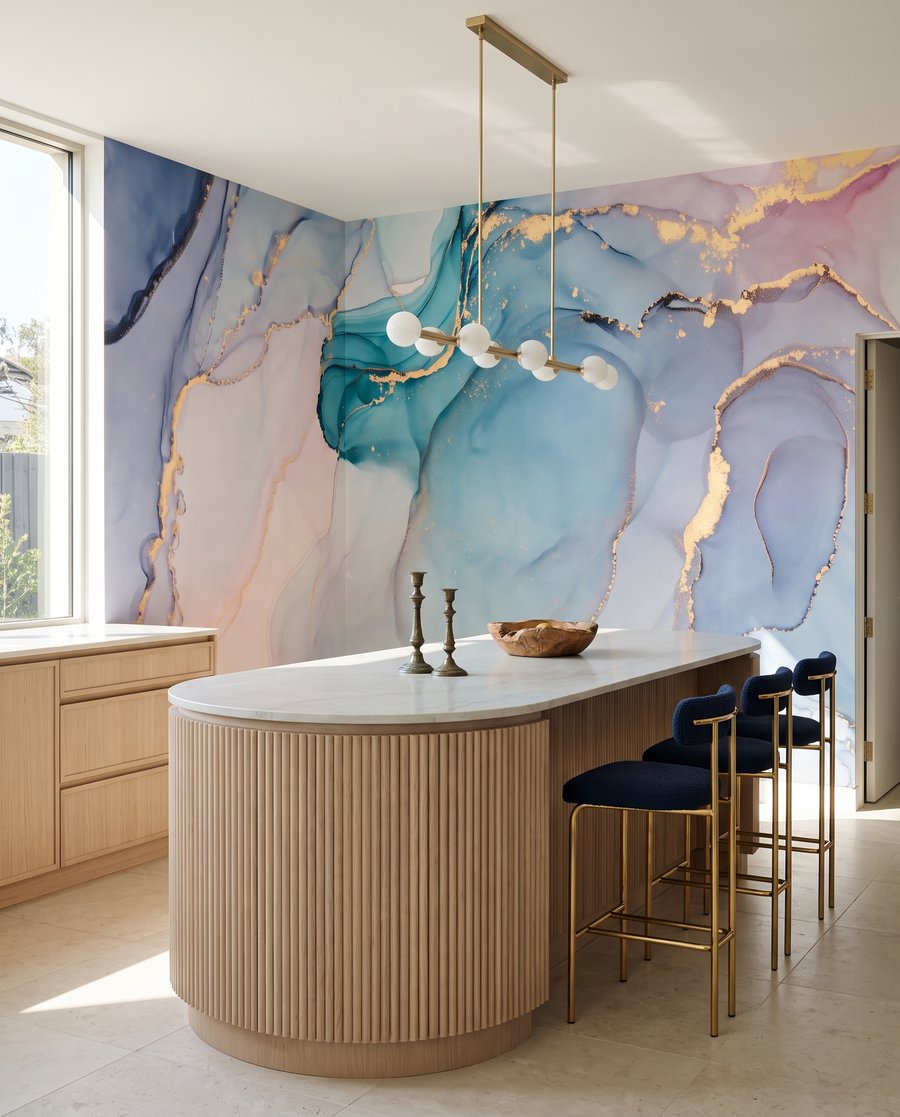 Zachtblauwe poelen met goud — interieur 6