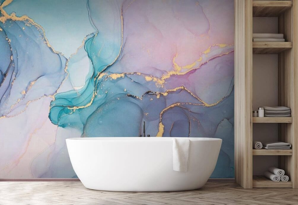 Serene abstracte golven van koele kleuren in een interieur