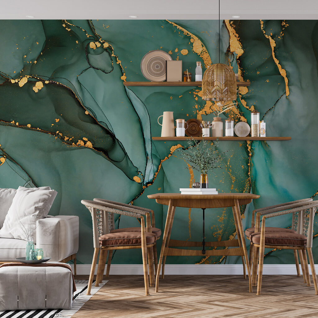 Vloeiende blauwgroene patronen met kleuraccenten — interieur 8