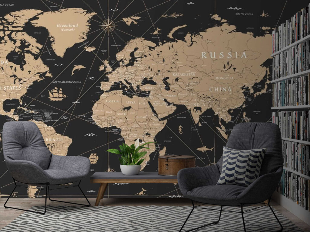Zandkleurige wereldkaart op zwart — interieur 2