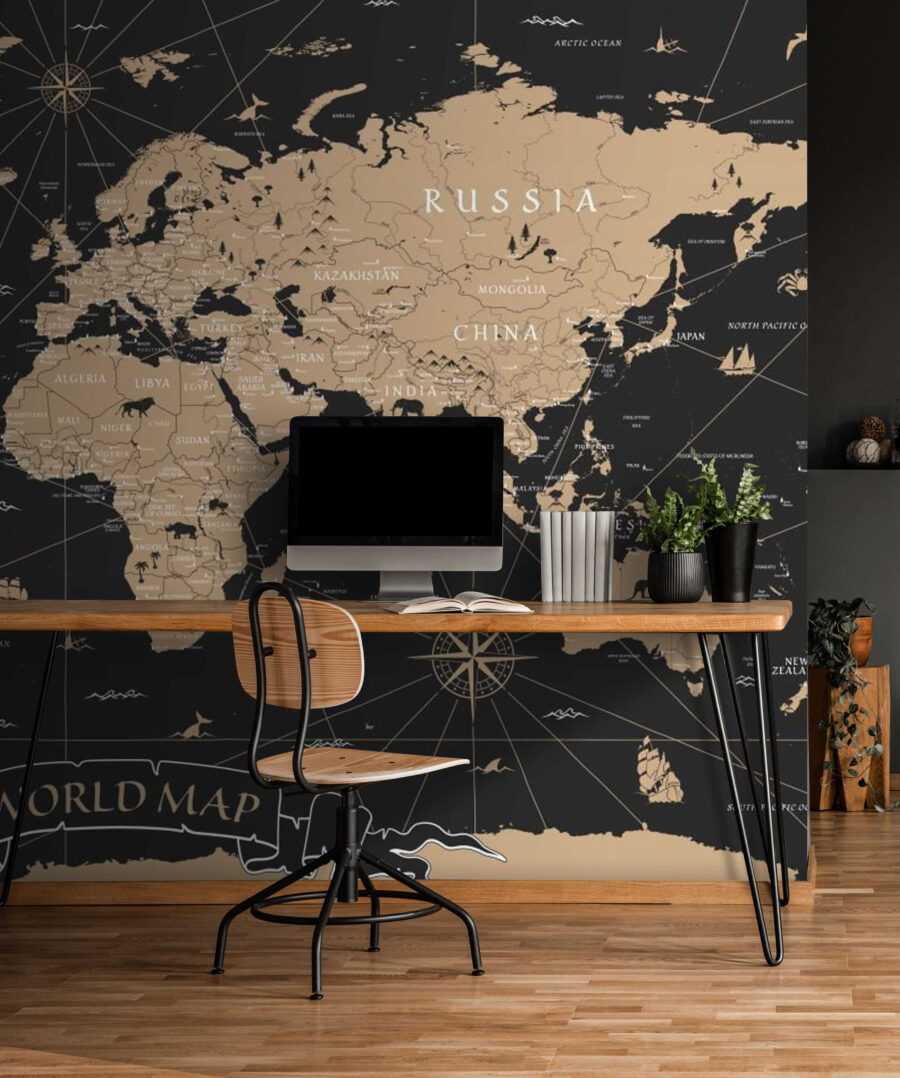 Zandkleurige wereldkaart op zwart — interieur 1