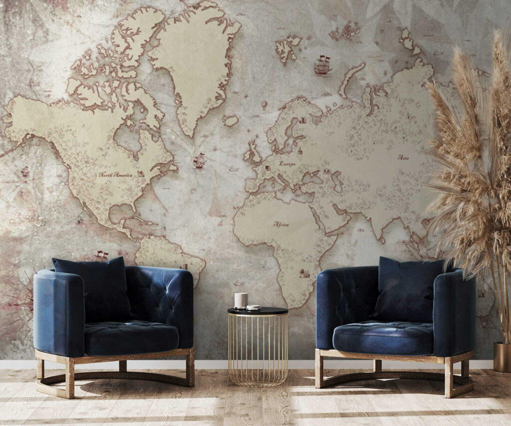 Verweerde wereldkaart in zandtinten — interieur 1