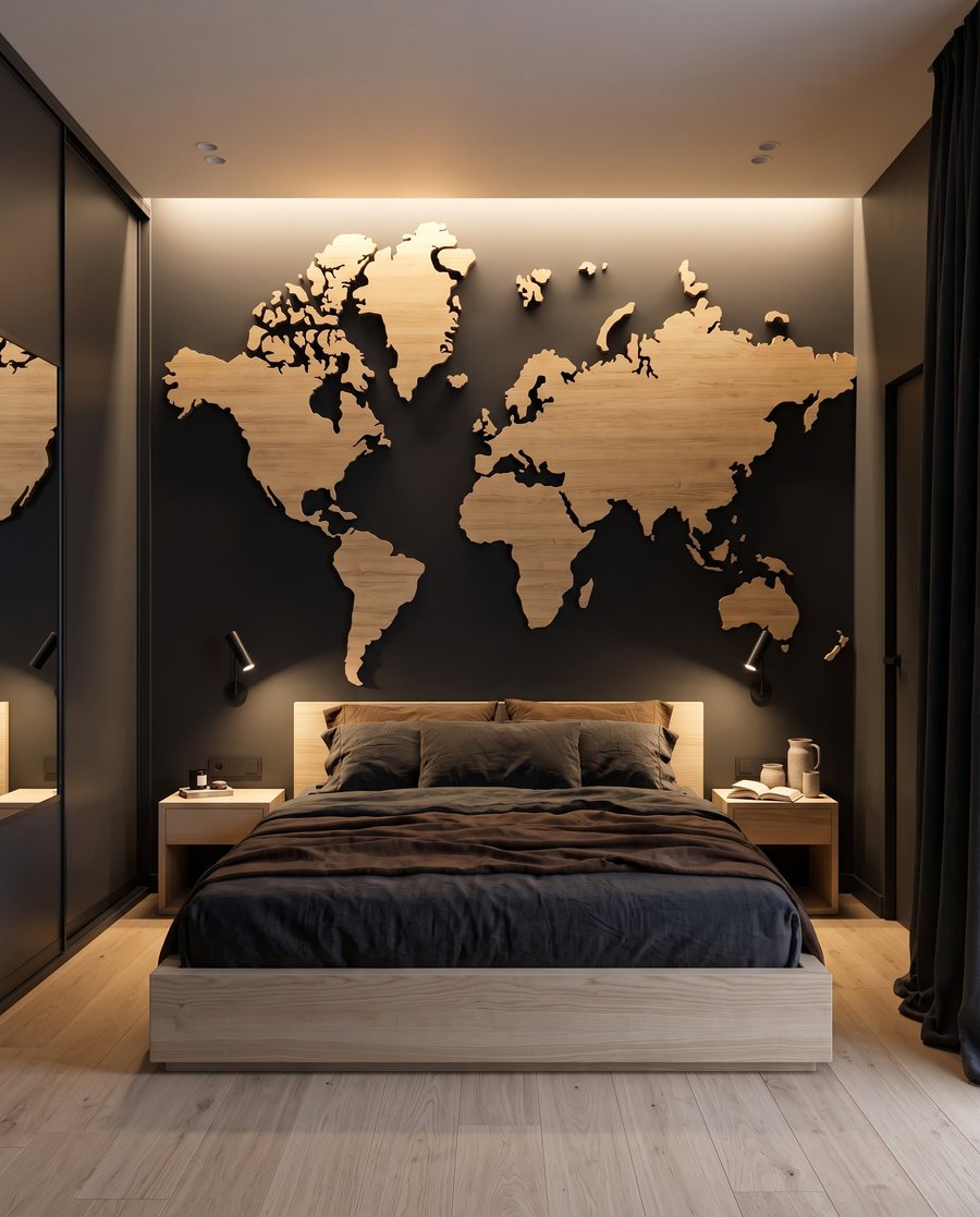 Wereldkaart met warme houtnerven — interieur 2