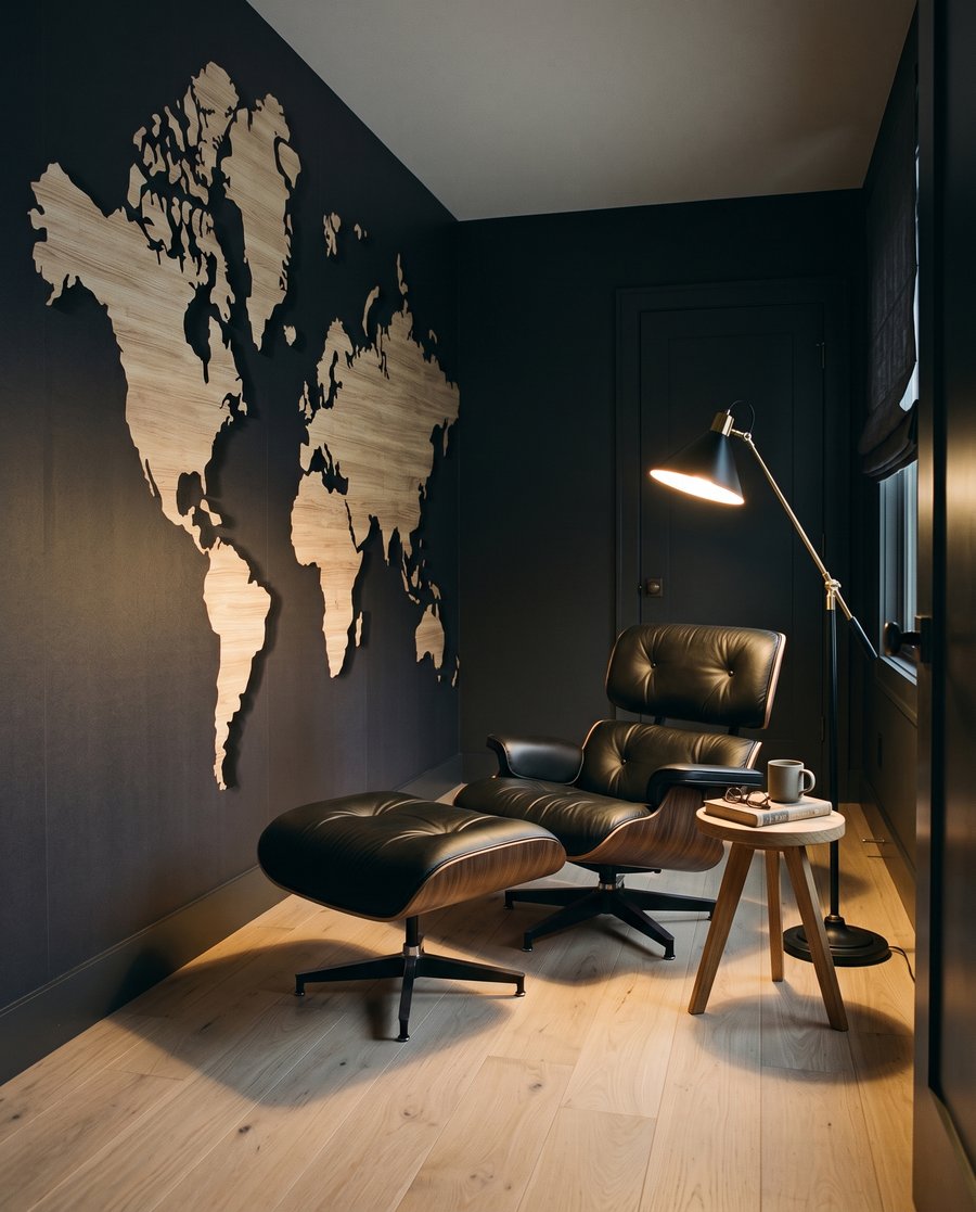 Wereldkaart met warme houtnerven — interieur 3