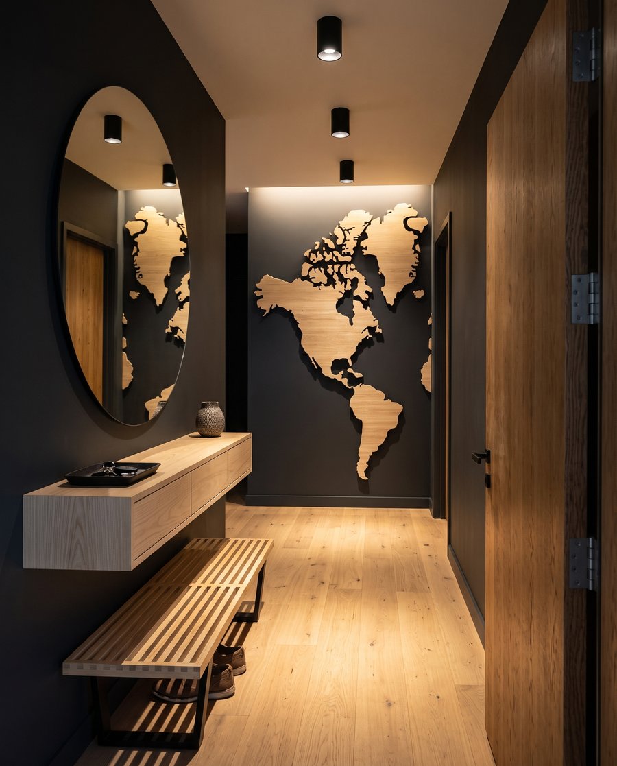 Wereldkaart met warme houtnerven — interieur 4