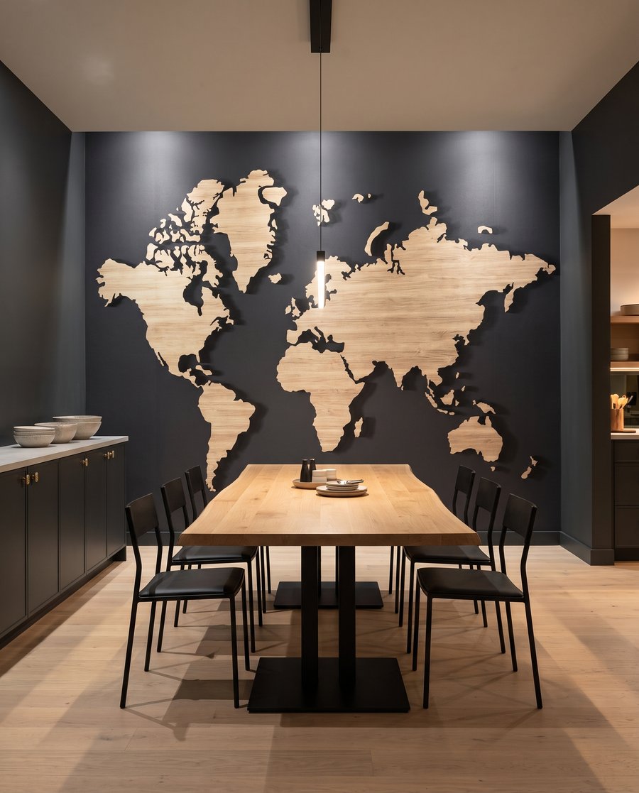 Wereldkaart met warme houtnerven — interieur 5
