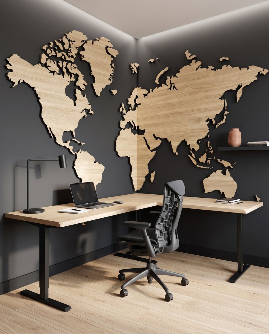 Wereldkaart met warme houtnerven — interieur 6