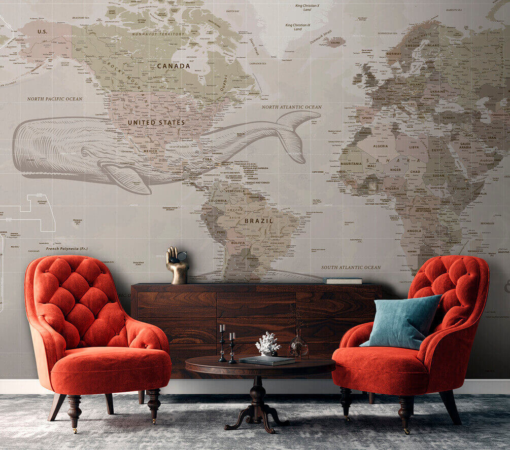 Wereldkaart met walvissen in een interieur