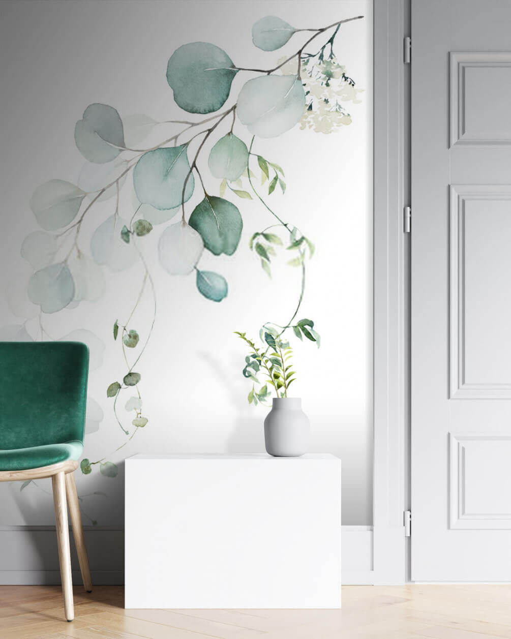 Aquarel van een tak met bladeren in een interieur