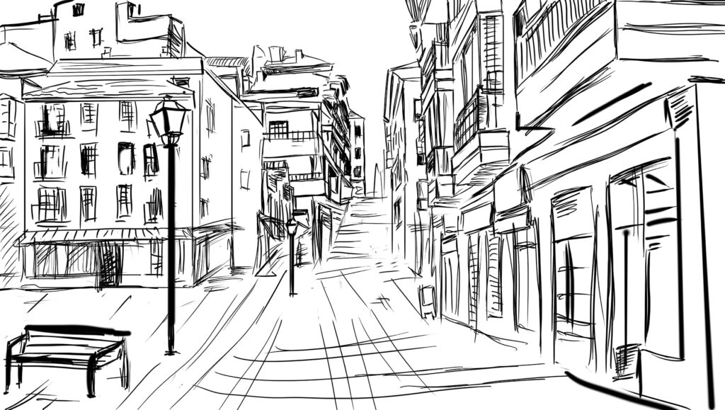 Een straat in schetslijnen — volledig ontwerp